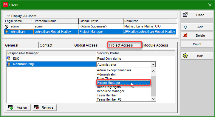 Security Profile dropdown menu in P6
